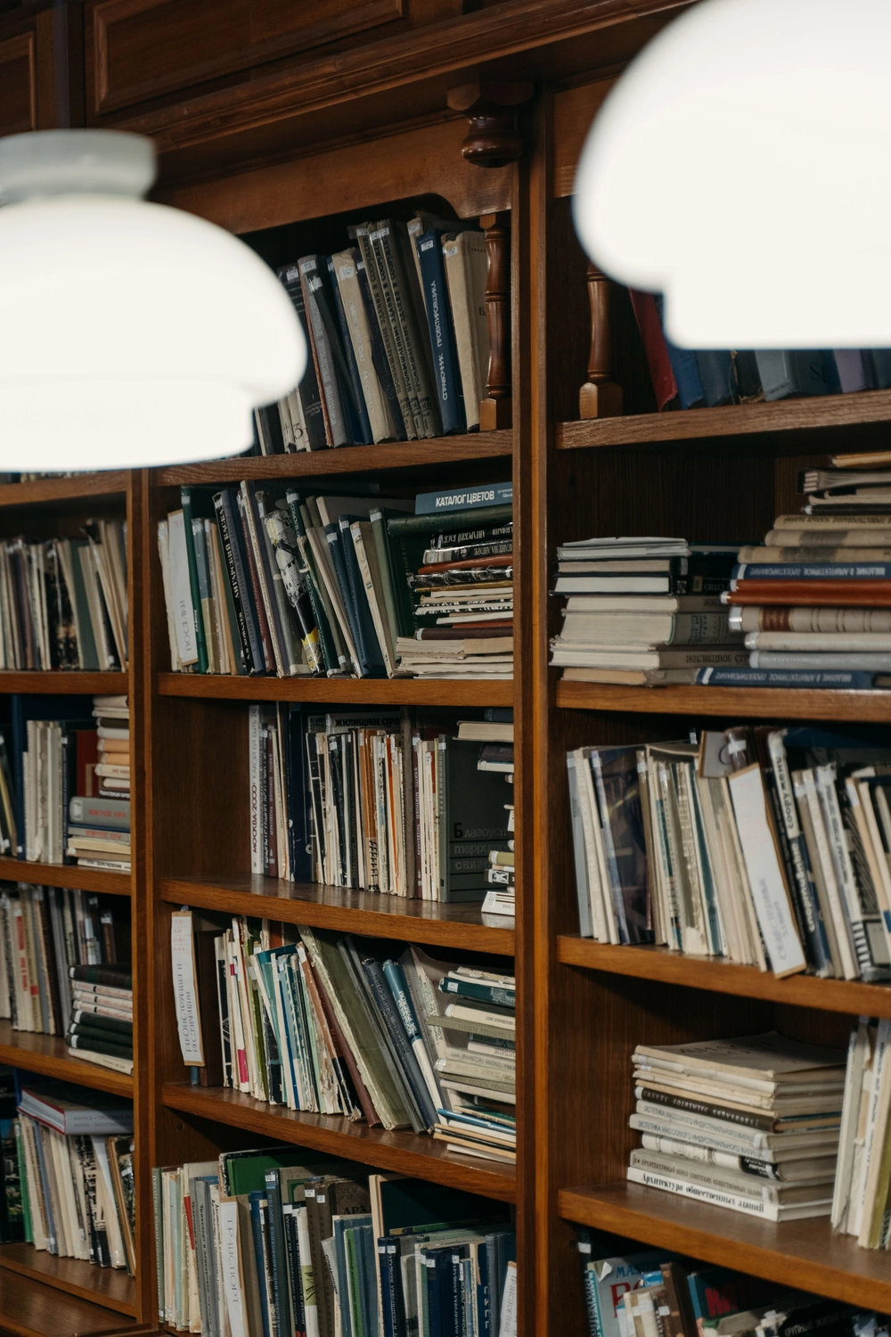 Prof. Dr. Marcus Mittenzwei - Hochschullehrer - Ein hohes Holzregal voller Bücher unter hellem Pendellicht.